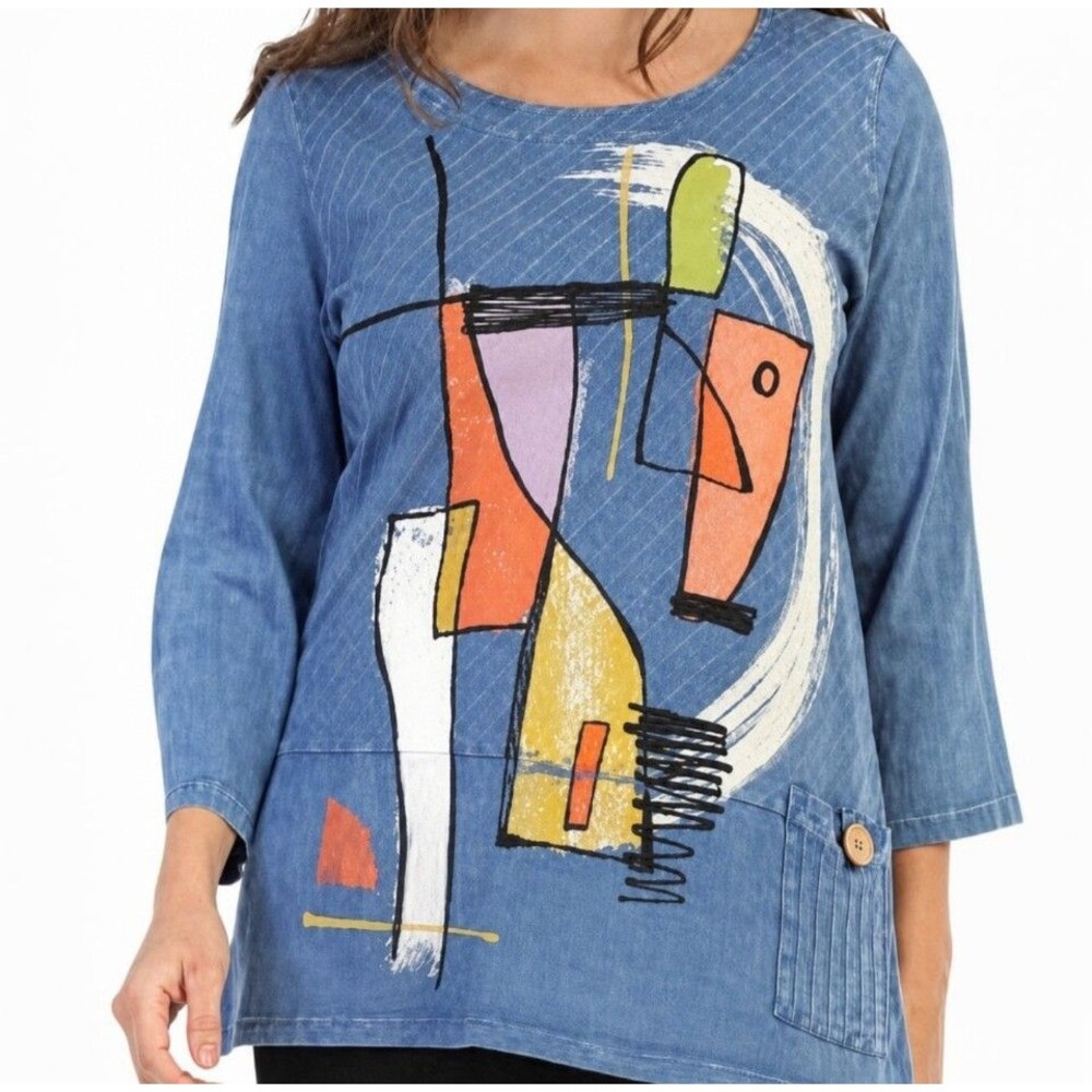 Jess & Jane Top XL Blue Modern Art Deco Mineral Washed Pocket Rib Detail Tunic